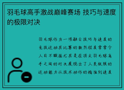 羽毛球高手激战巅峰赛场 技巧与速度的极限对决